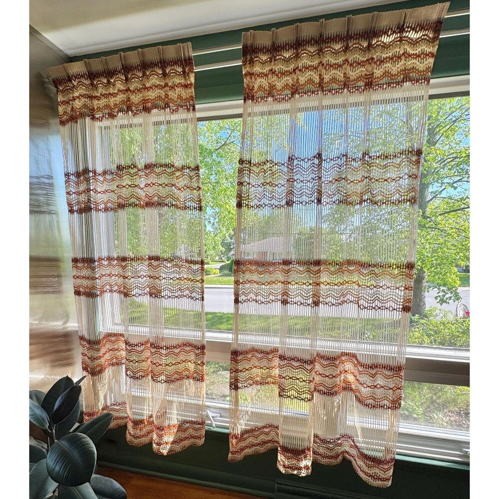 Vintage 70s mesh curtains, tan, brown, orange wavy pattern,  pleated, as a pair